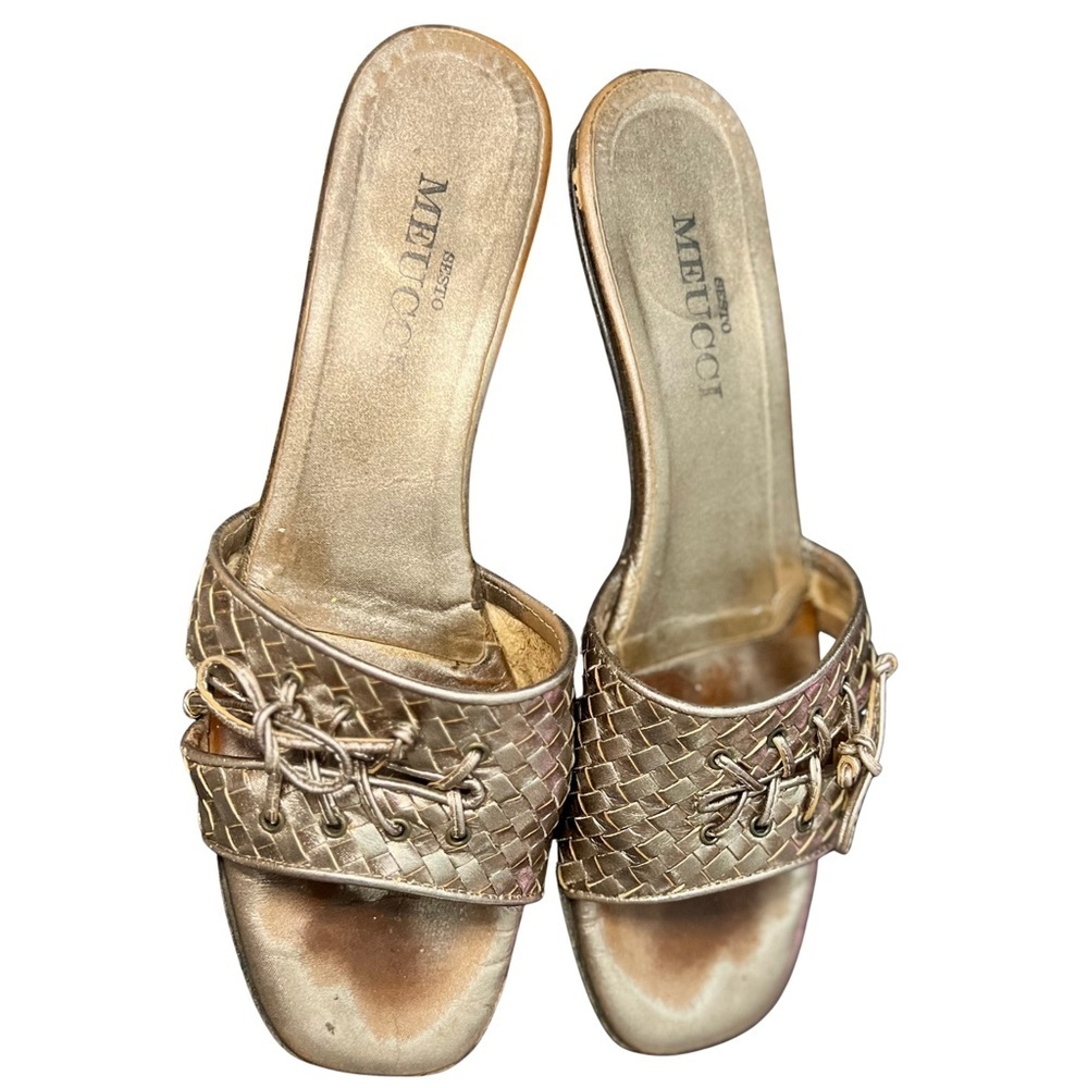 Sesto Meucci Varien Pewter Nappa Leather Woven Slide Sandals Kitten Heel